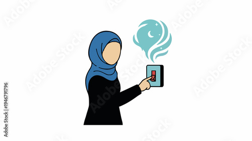 Woman In Blue Hijab And Black Abaya Turning On Light Switch With Blue Smoke Or Air Swirls Emerging From Switch And Isolated On White Background