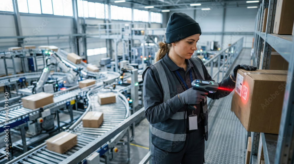 Fototapeta premium Warehouse worker scanning package barcode in automated logistics center
