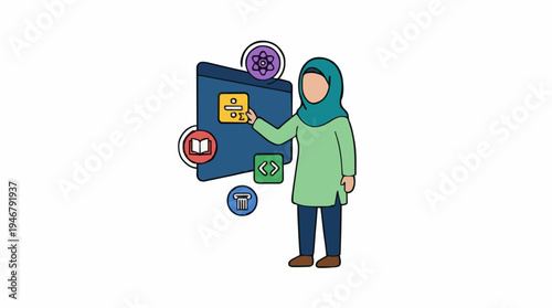Muslim Woman in Light Green Tunic and Blue Pants Interacting with Digital Screen Showing Educational Icons and Mathematical Symbols Isolated on White Background