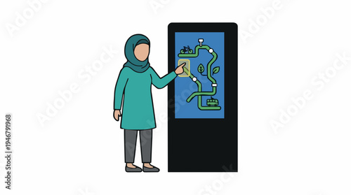 Woman in Hijab Interacting with Digital Interactive Map Display Board in Public Space Showing Navigation Routes