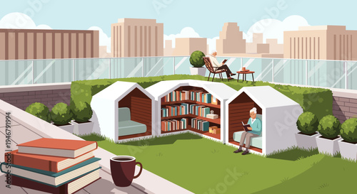 Two senior citizens enjoy reading books in a peaceful rooftop garden library with unique reading nooks and a city skyline view.
