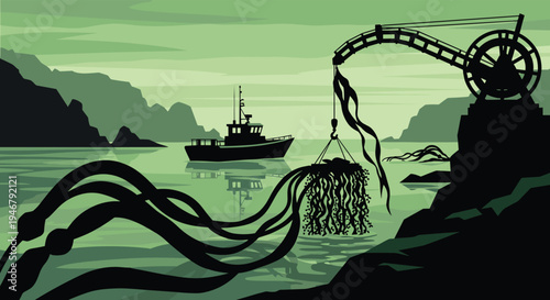 A crane on a rocky shore harvests giant kelp from the sea with a fishing boat in the background in a green monochromatic illustration.