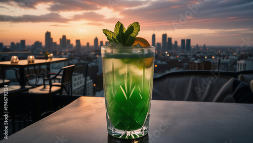 A refreshing green cocktail on a rooftop bar overlooking the city skyline at sunset