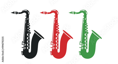 Flat lay of three colorful saxophones in black, red, and green on a white background.