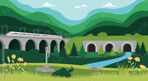 A modern high-speed train travels across a stone viaduct in a vibrant green mountain valley, with a river flowing from tunnels below the tracks.