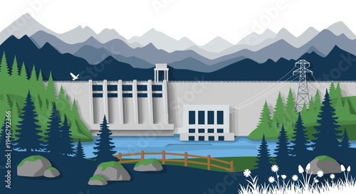 A large concrete hydroelectric dam and power station generate electricity in a pine-forested mountain valley, with a transmission tower distributing power.