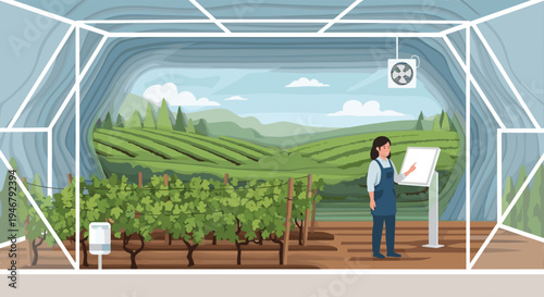 A female agronomist uses a digital tablet inside a smart greenhouse to manage grapevines, with a view of a sprawling vineyard in the background.