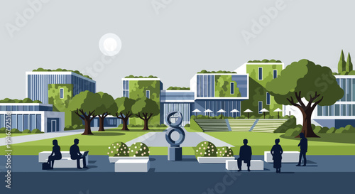 Silhouettes of people relax and work in a park-like setting in front of modern, sustainable office buildings with green roofs and living walls, featuring a large abstract sculpture under a clear sky.