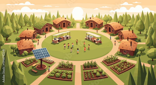 A vibrant pixel art illustration shows a sustainable eco-community with houses arranged in a circle, solar panels powering gardens, and people interacting in a central green space.