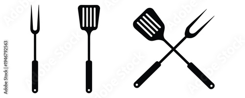 Black silhouettes of kitchen utensils including forks and spatulas on white background for cooking and barbecue