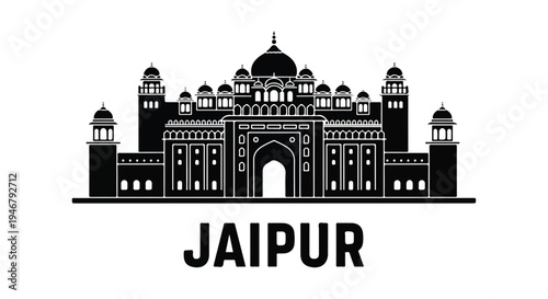 Illustration of a black and white Jaipur building with towers and domes on a white background with the word Jaipur written below.