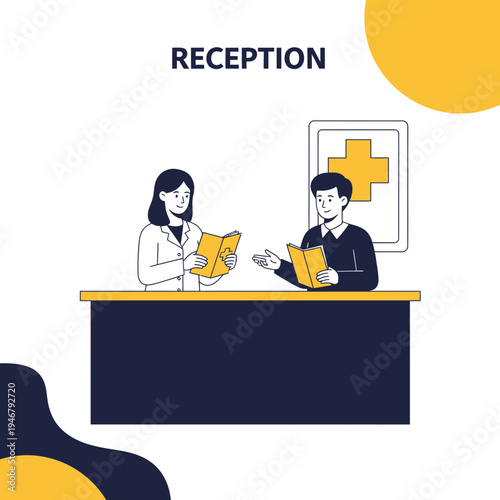 Medical Receptionists Interact During Consultation at Hospital Front Desk with Health Symbol