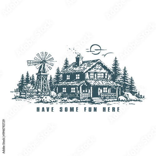 Vintage Farmhouse Illustration - Hand Drawn Rustic Country House with Windmill