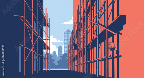 A graphic pixel art illustration shows a city alleyway formed by two buildings under construction with extensive scaffolding, dramatically split by strong light and deep shadow.