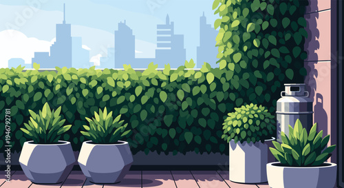 A serene pixel art illustration of a modern rooftop garden with lush potted plants and a green hedge overlooking a distant city skyline.