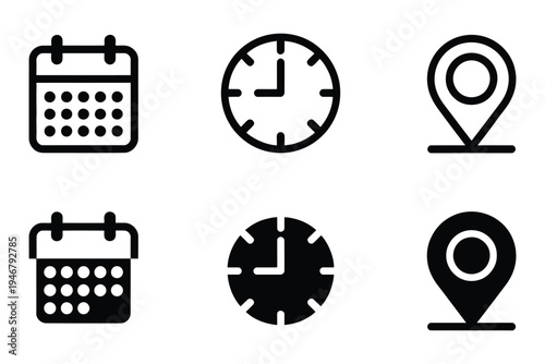 Calendar Time Clock Address Location Icon Set, vector icons for date reminder, event planning, invitation design, business scheduling, and location marking.