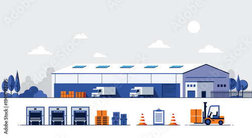 A flat vector illustration of a large logistics warehouse with loading docks, trucks, a forklift, and stacked cargo ready for distribution.