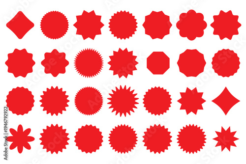Set of various black starburst and scalloped circle badge silhouettes vector illustration icons for sale price tags and promotional stickers.