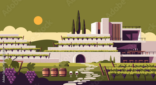 A contemporary winery with terraced vineyards is nestled in a rolling landscape under a warm sun, with barrels and wine in the foreground.