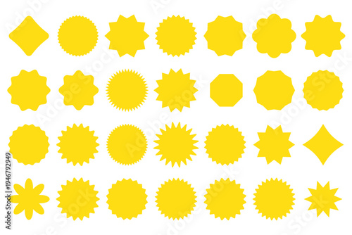 Set of various black starburst and scalloped circle badge silhouettes vector illustration icons for sale price tags and promotional stickers.