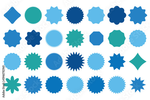 Set of various black starburst and scalloped circle badge silhouettes vector illustration icons for sale price tags and promotional stickers.