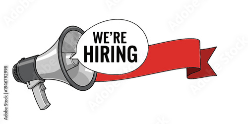 Male hand holding megaphone with we're hiring speech bubble. Loudspeaker. Banner for business, marketing and advertising. Vector illustration. 

