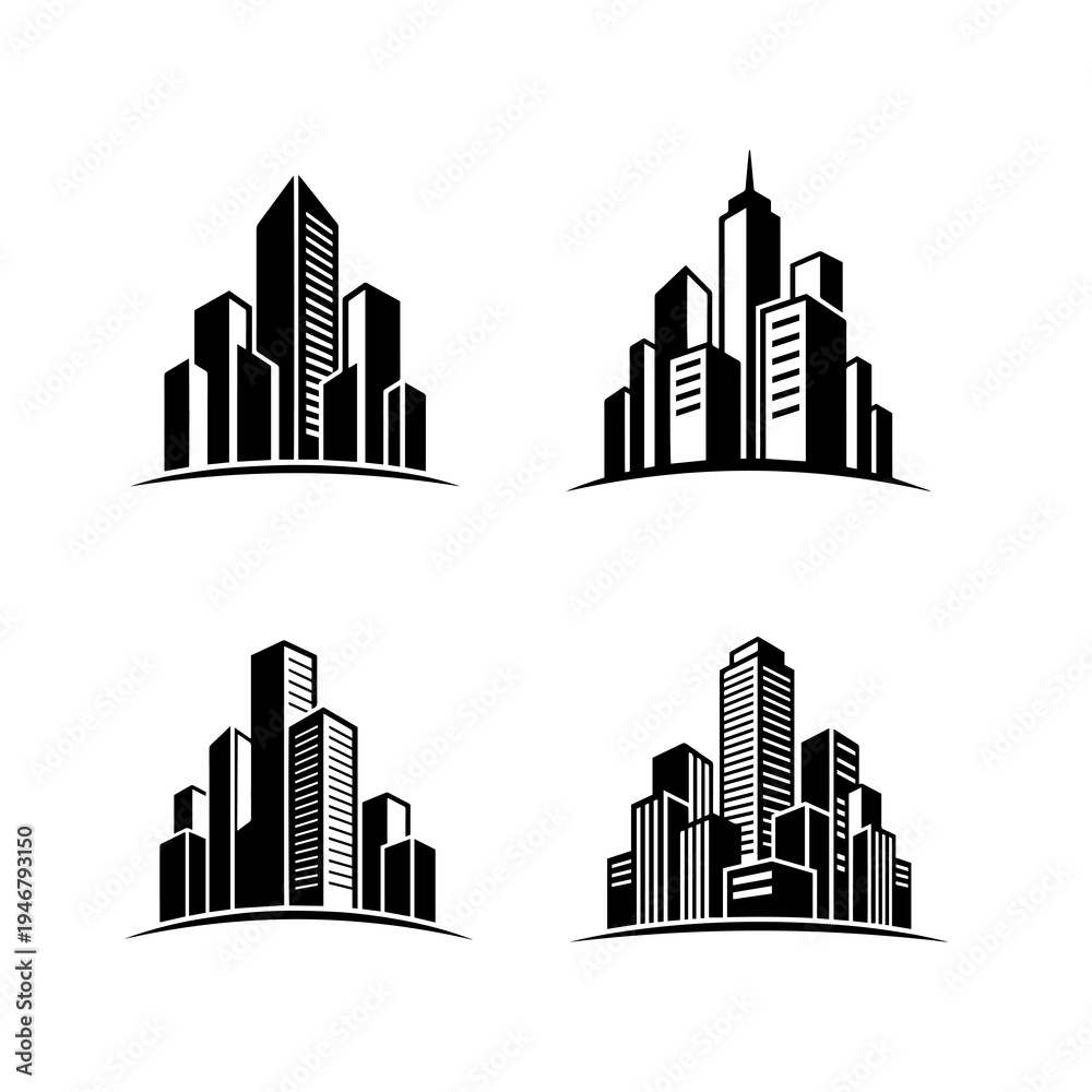 Fototapeta premium The illustrations depict groups of modern skyscrapers, office buildings, and towers sitting on a curved horizon line. Perfect symbols for real estate, construction, architecture, or corporate business
