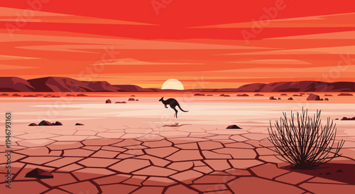 A silhouetted kangaroo jumps across a vast, cracked desert landscape under a fiery red and orange sunset sky in a wide-angle pixel art illustration.