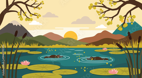 Two platypuses swim in a tranquil pond filled with lily pads and water lilies at sunset, with rolling hills and mountains in the background of this vector illustration.