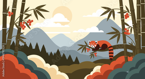 A cute red panda rests on a bamboo branch with red berries in a stylized mountain landscape with forests, clouds, and a pale sun in a flat vector illustration.