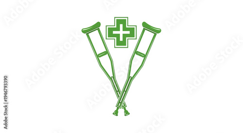 Medical Symbol Depicting Crutches And A Green Plus Sign On A White Background
