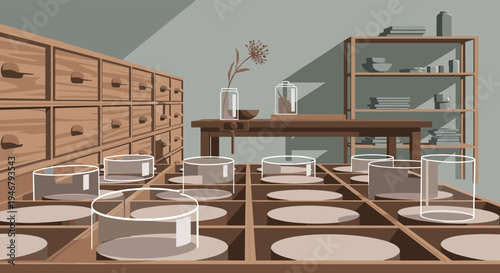 An old-fashioned apothecary or workshop is depicted with wooden cabinets, a workbench, and a grid of empty glass display cloches in the foreground.
