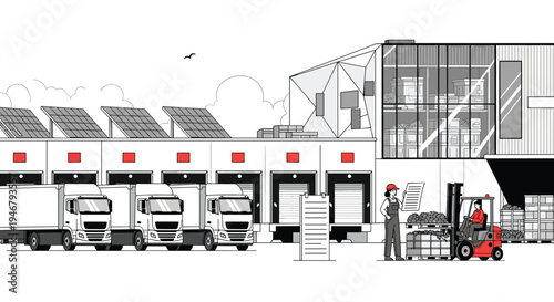 A modern logistics warehouse with solar panels shows workers loading semi-trucks at docking bays in a clean, black and white vector illustration.