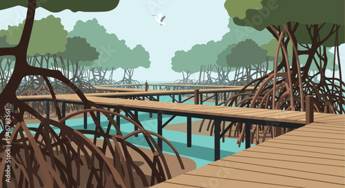 A winding wooden boardwalk provides a path through a dense mangrove forest with tangled roots and calm turquoise water under a hazy sky.