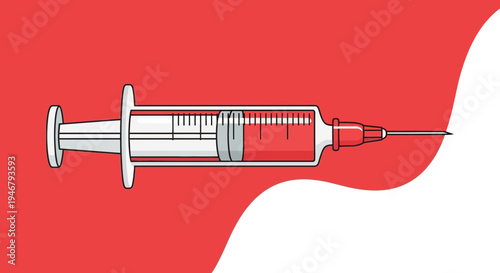 Medical Syringe With Red Liquid Injecting A Solution On A Red And White Background
