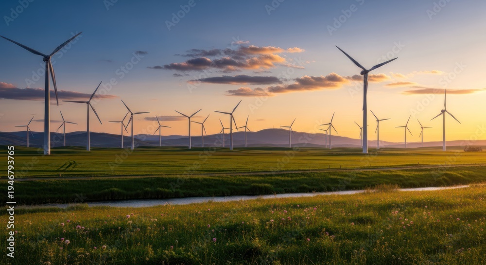 Obraz premium A vast wind farm stretches across a green, grassy field under a vibrant sunset sky. Numerous white 