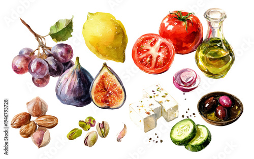 Mediterranean diet food illustrating fresh ingredients for healthy cooking and lifestyle, with fruits, vegetables, cheese, nuts, olives, and olive oil in watercolor style