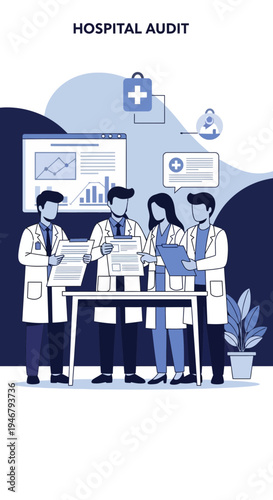 Medical Team Discussing Hospital Audit Findings and Data Analysis in a Modern Healthcare Environment