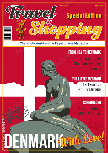 Travel and Shopping Magazine Fake Cover. Denmark with Love. Danish Attraction The Little Mermaid Statue Illustration. Copenhagen Panorama, Danish Flag, Vector Template for Touristic Illustrations, Pos