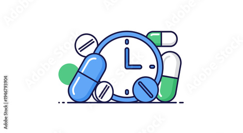Medical Time: Clock And Capsules Illustration Of Healthcare And Medications