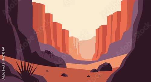 A pixel art landscape depicts a vast desert canyon with towering red rock formations, a sandy floor, and a large spider resting on a foreground rock.