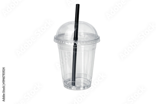 Clear plastic takeaway cup with dome lid and straw