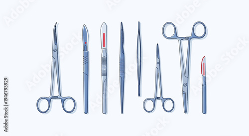 Medical Tools Arranged on White, Surgical Instruments Illustration, For Healthcare Designs