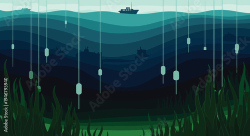 An underwater pixel art scene depicts fishing lines with buoys descending into the deep blue sea, with seaweed in the foreground and a boat on the surface.