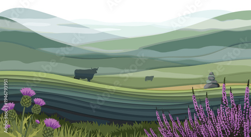 A pixel art illustration shows a serene Scottish highland scene with rolling green hills, grazing cattle, and purple thistle flowers in the foreground.