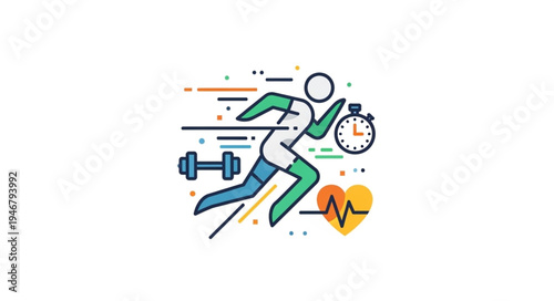 Runner with Stopwatch and Dumbbell Icon Representing Fitness.