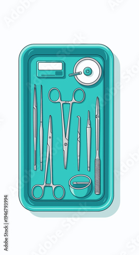Medical Tools Displayed Within a Surgical Tray, Illustration Depicting Sterile Equipment