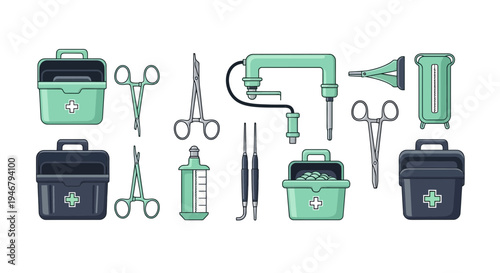 Medical Tools and Equipment Icons, Illustrating Surgical Instruments and First Aid Kits