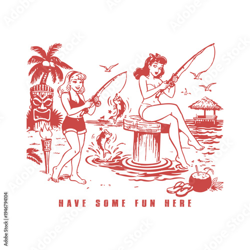 Red Monochrome Hand-Drawn Pin-up Style Women Fishing on Tropical Beach