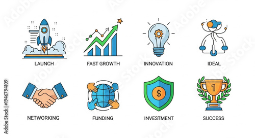 Business concepts icons set including launch growth innovation goal handshake funding investment success.